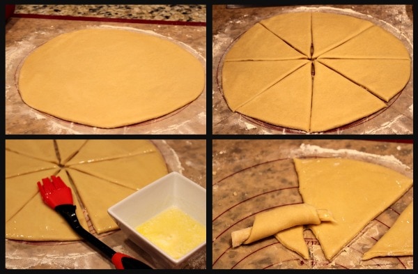 four photos showing how to roll out dough to make crescent rolls