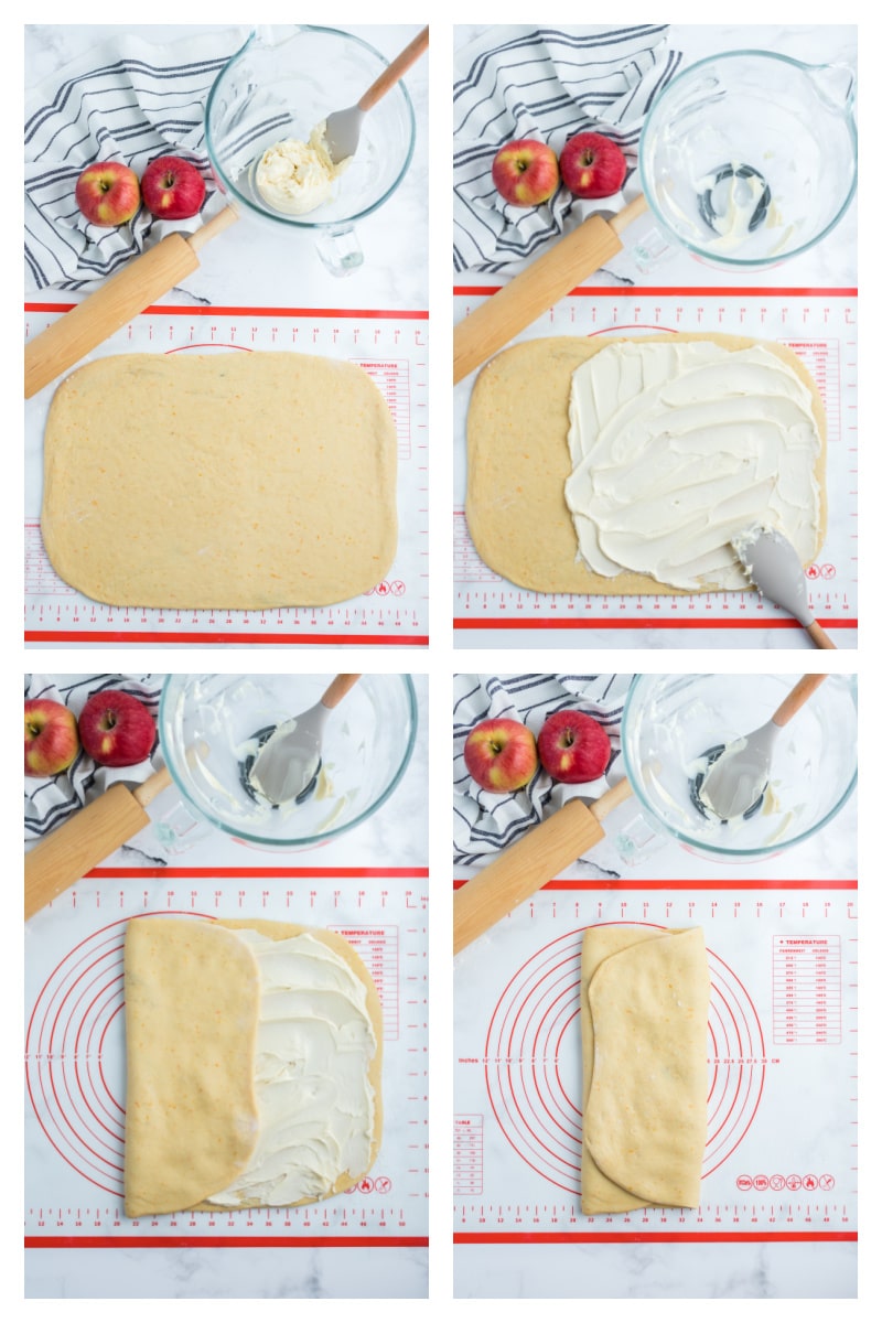 four photos showing process of rolling dough for pastry