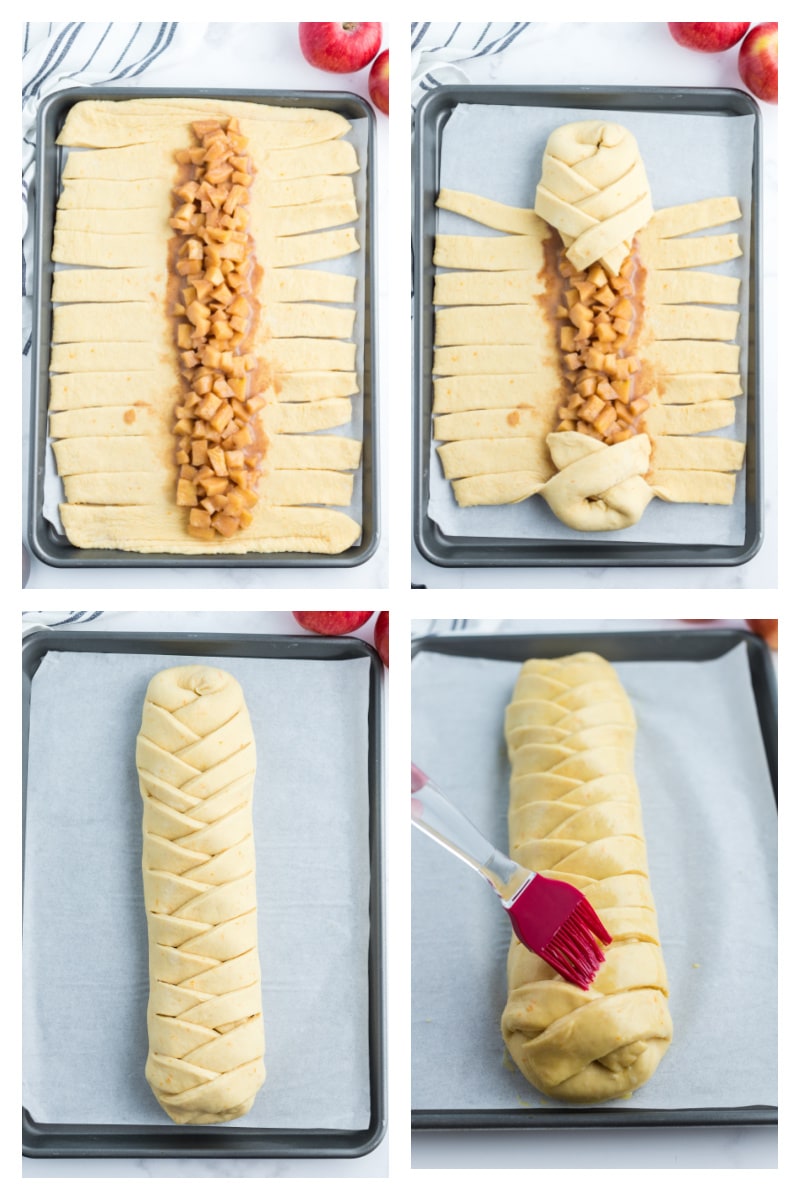 four photos showing how to form a danish apple braid