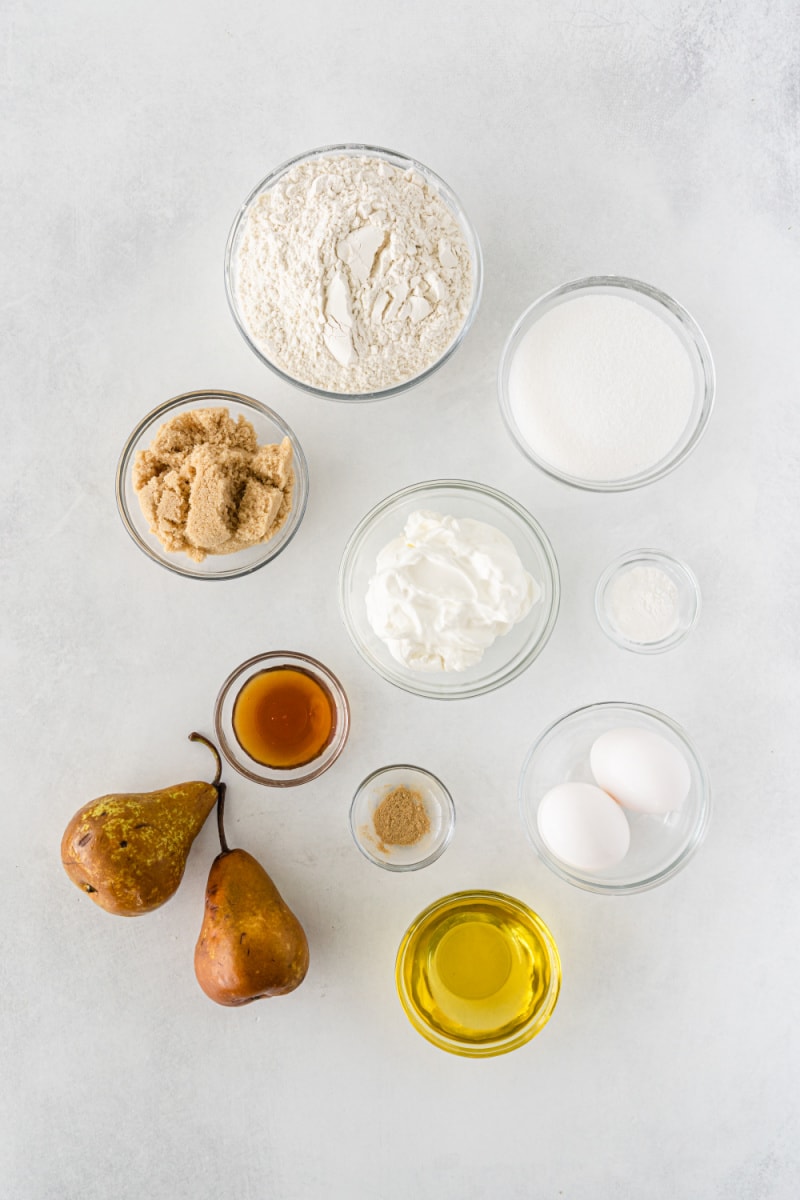 ingredients displayed for making fresh pear muffins