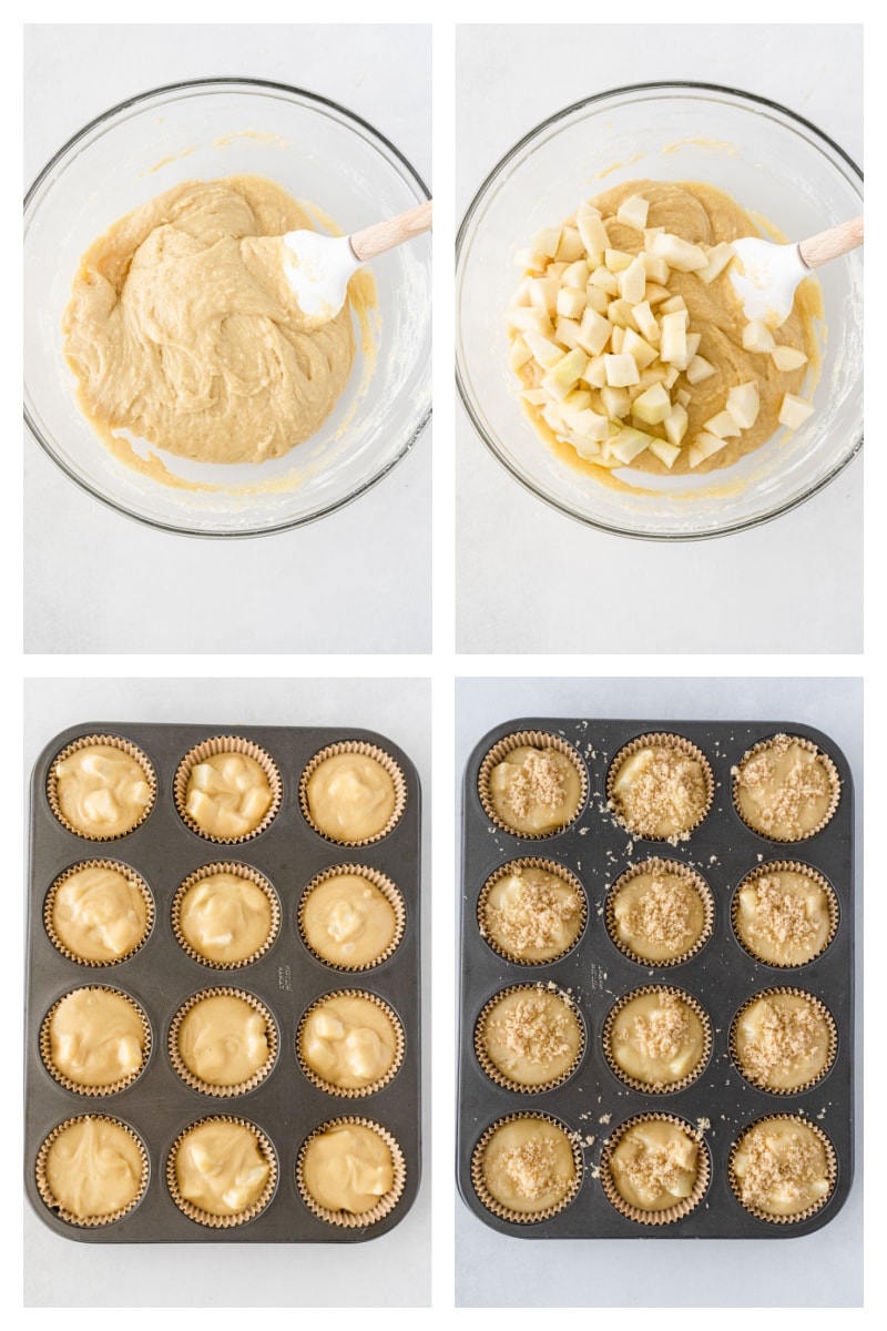 four photos showing how to make fresh pear muffins