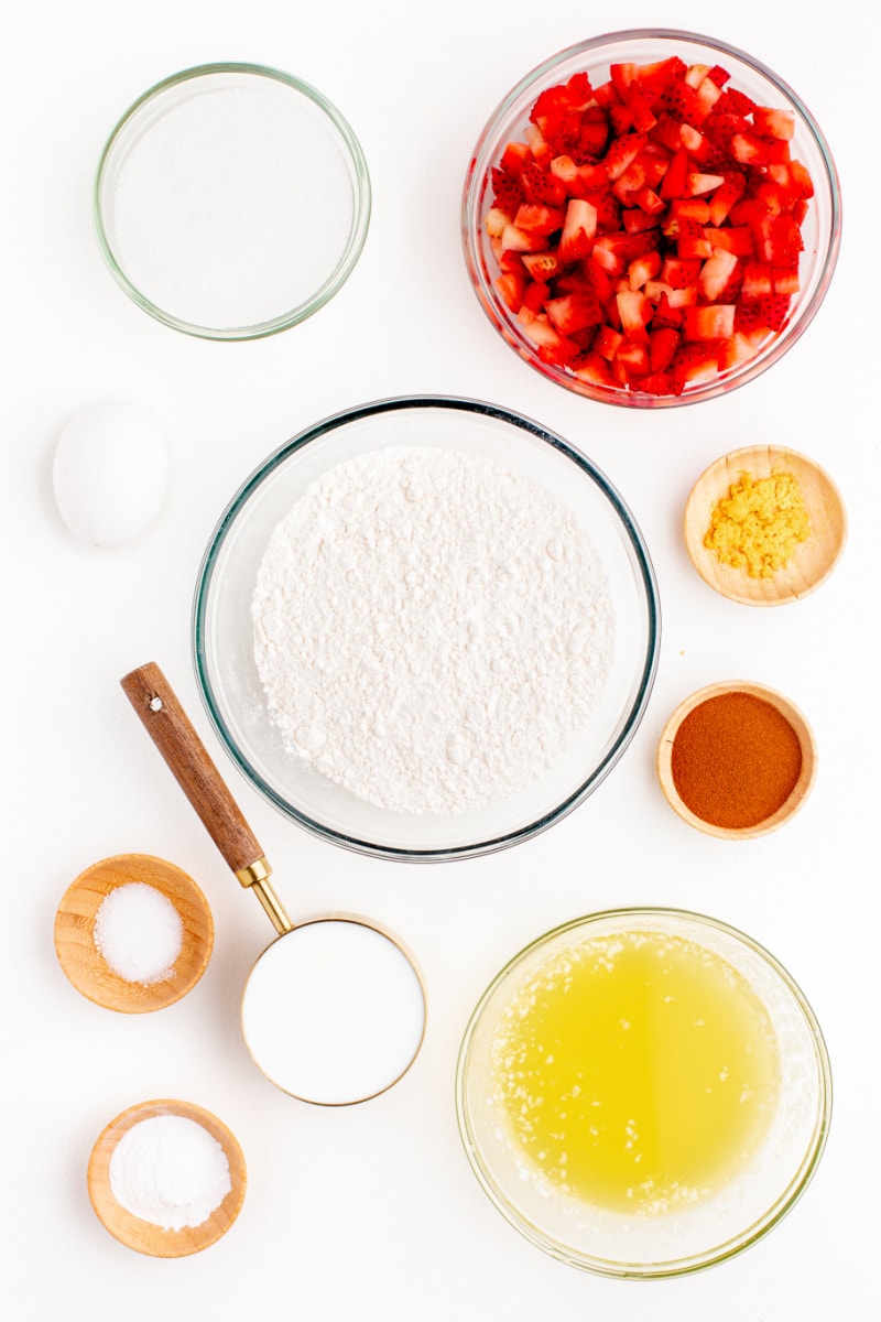 ingredients displayed for making strawberry lemon streusel muffins