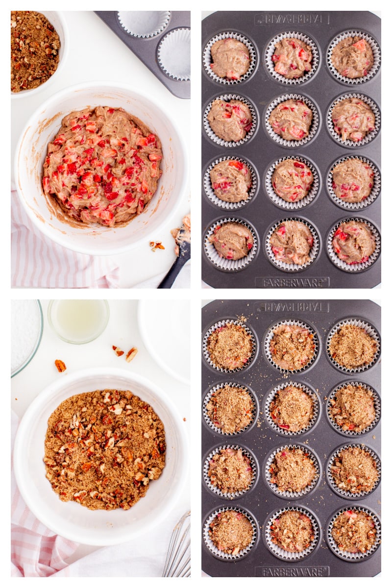 four photos showing batter for strawberry muffins in bowl and pan and streusel in bowl and in pan