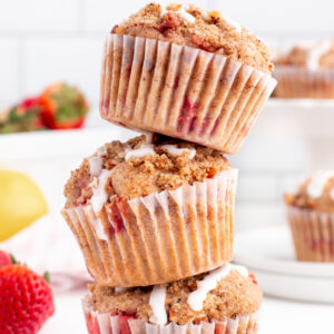 pinterest image for glazed strawberry lemon streusel muffins