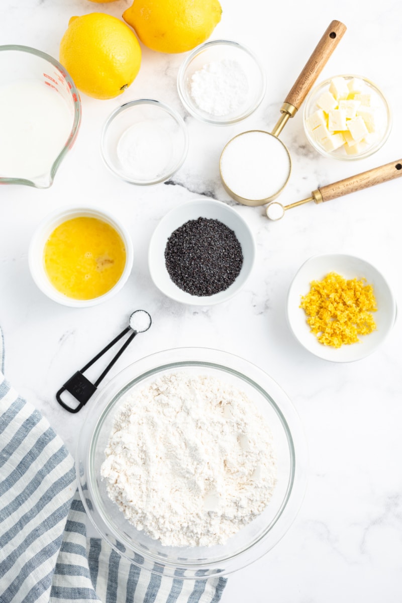 ingredients displayed for making lemon poppy seed scones