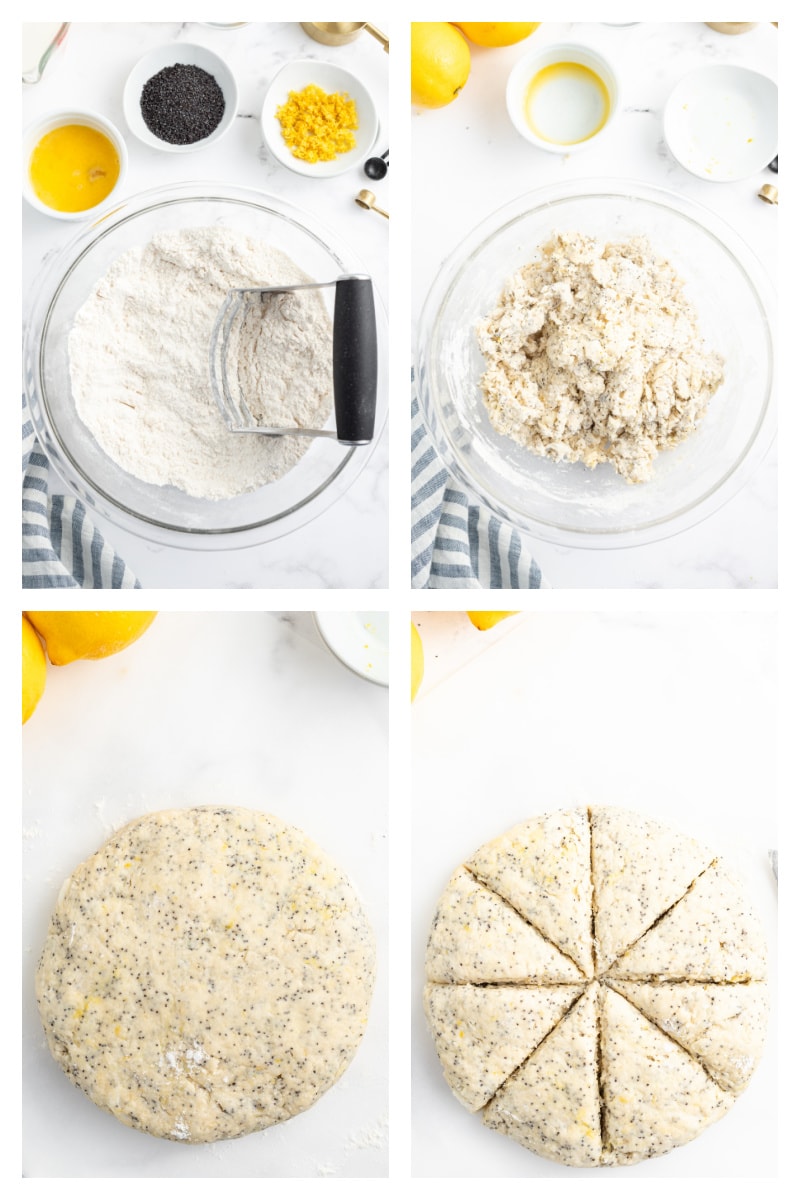 four photos showing how to make lemon poppy seed scones