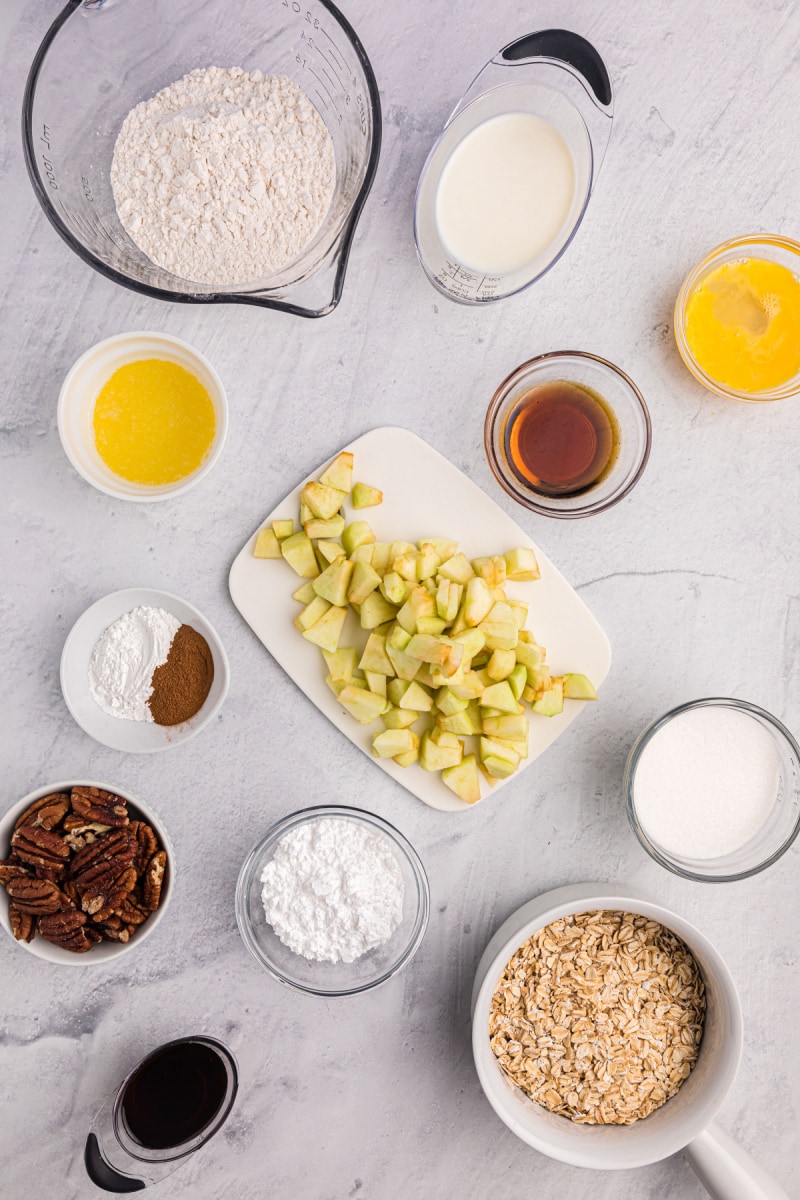 ingredients displayed for making maple drizzled apple muffins