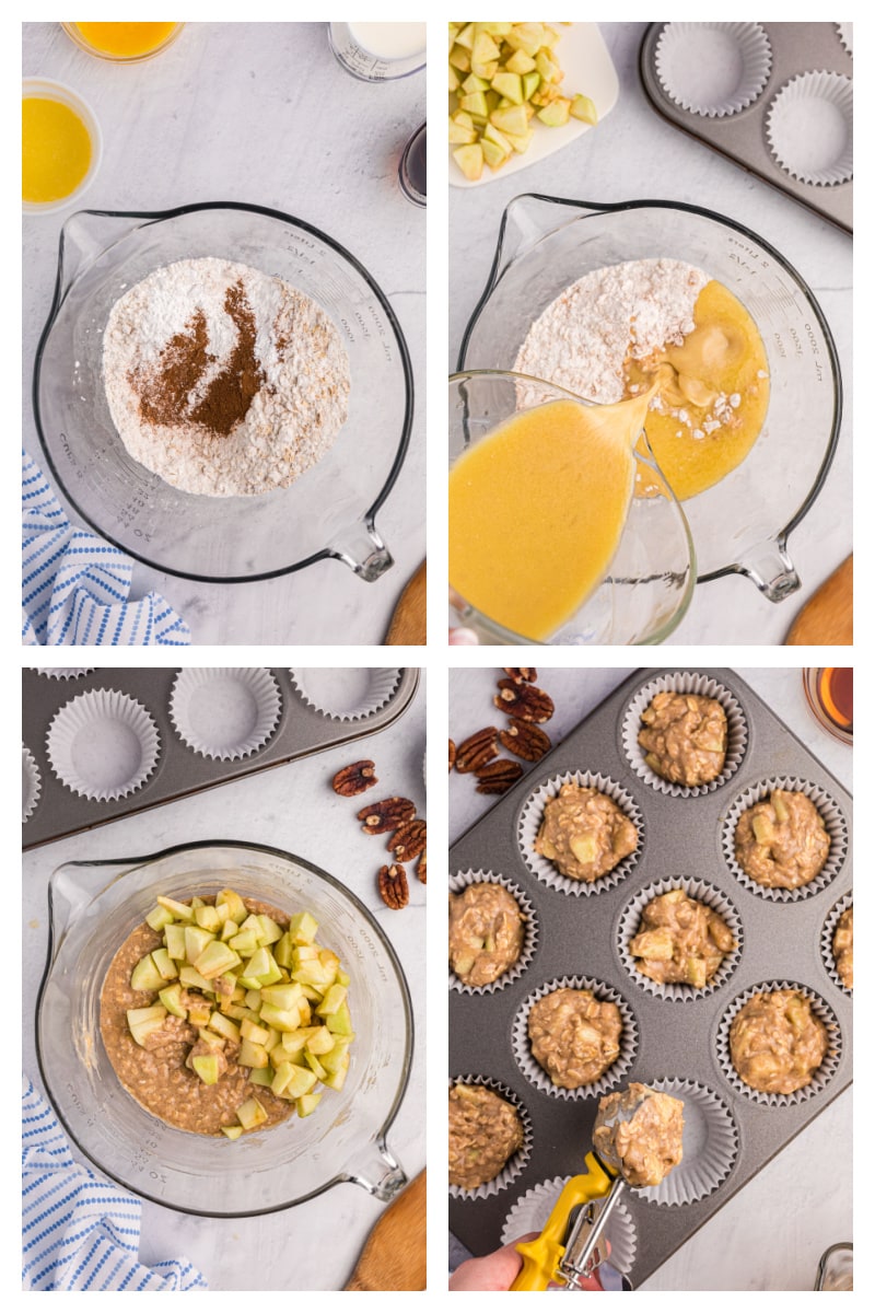 four photos showing how to make maple drizzled apple muffins