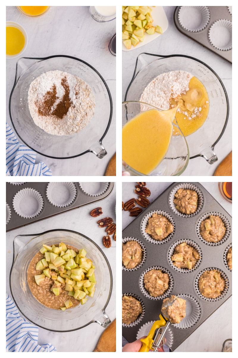 four photos showing how to make maple drizzled apple muffins