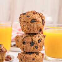 three bran muffins stacked