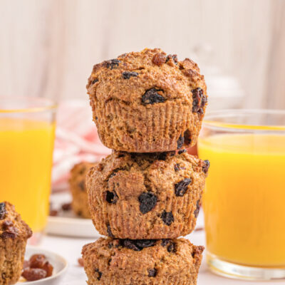 three bran muffins stacked