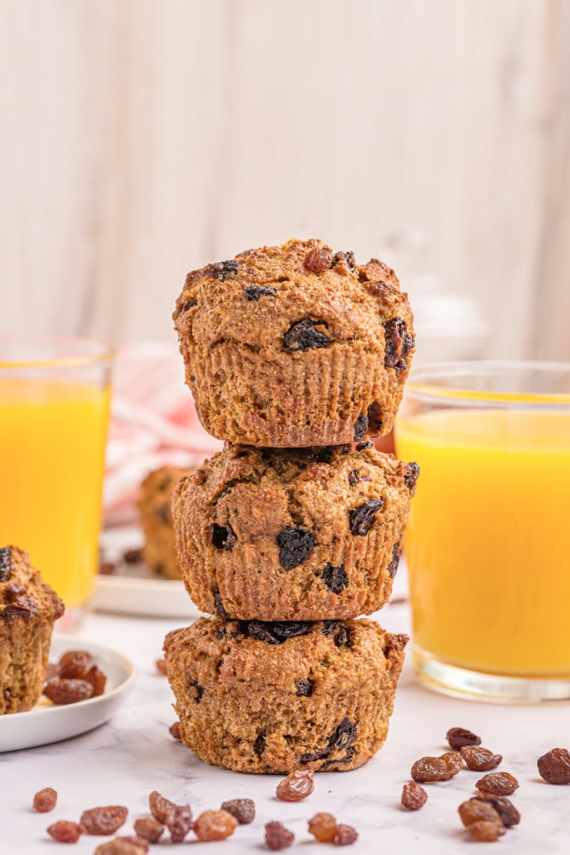 three bran muffins stacked