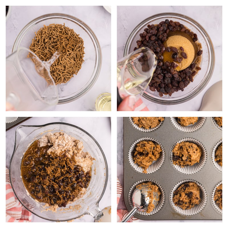 four photos showing how to make moist bran muffins