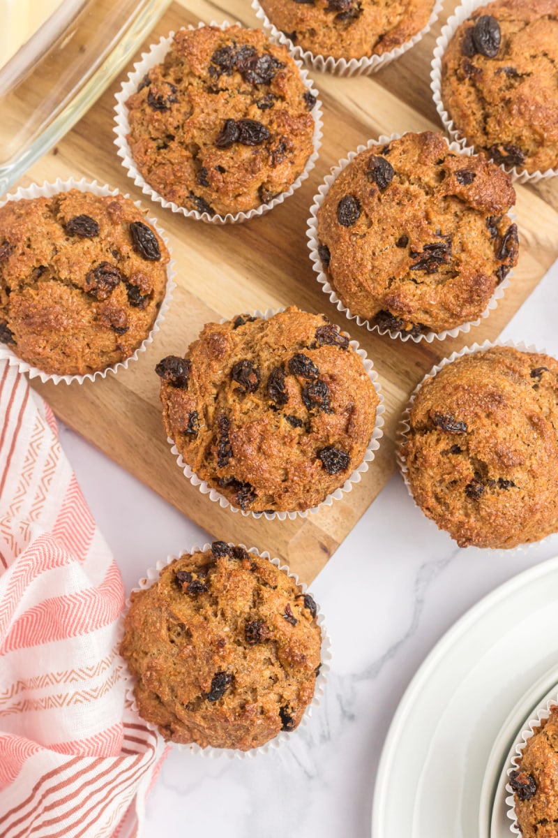 looking down on several bran muffins