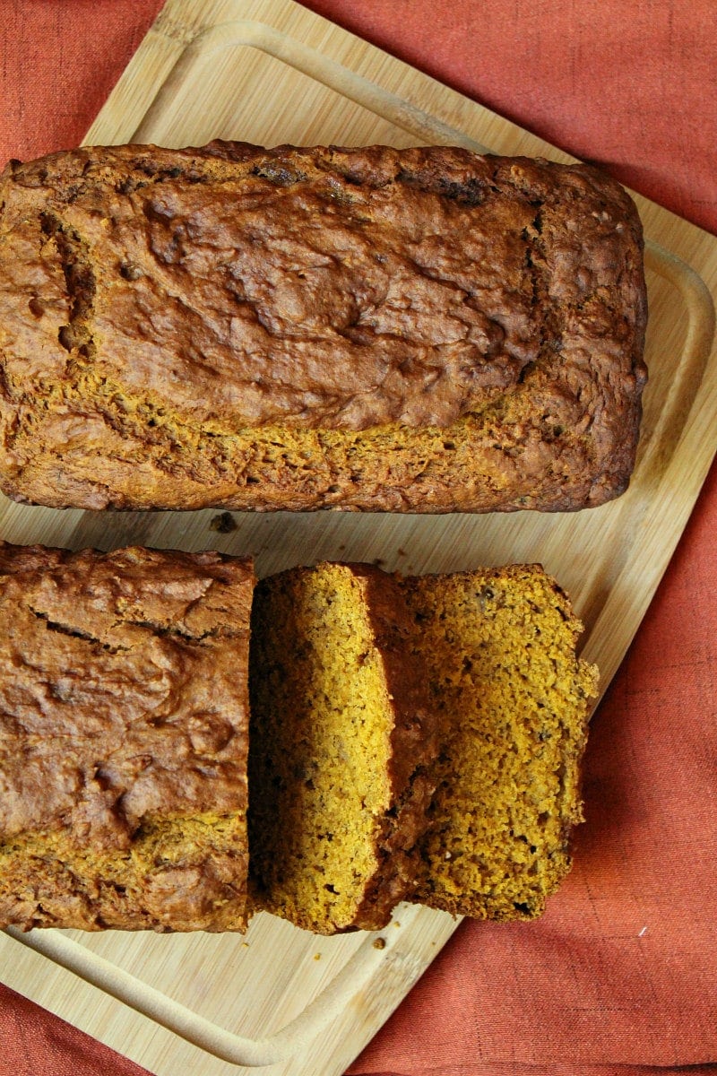 Pumpkin Banana Nut Bread loaf and sliced