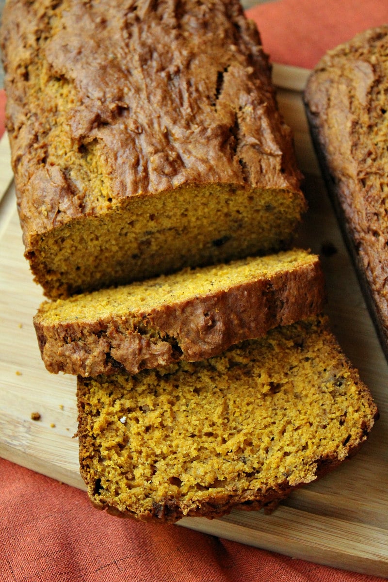 Loaf of Pumpkin Banana Nut Bread sliced