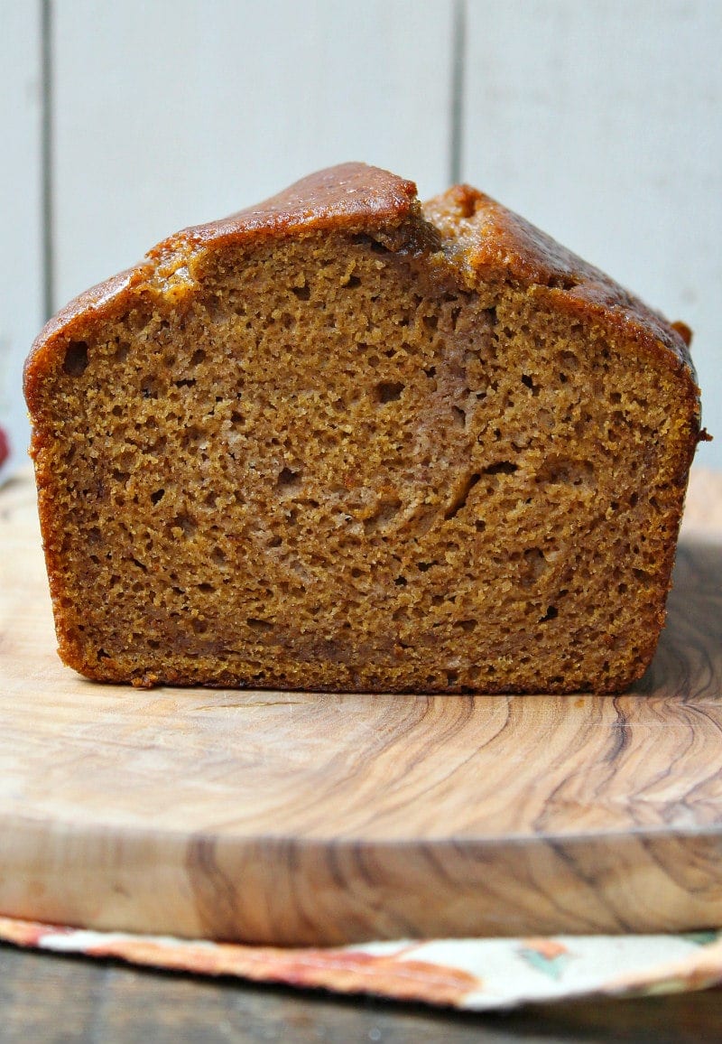 Best Pumpkin Bread recipe from RecipeGirl.com #best #pumpkin #bread #recipe #fall #loaf #RecipeGirl Best Pumpkin Bread recipe loaf cut in half