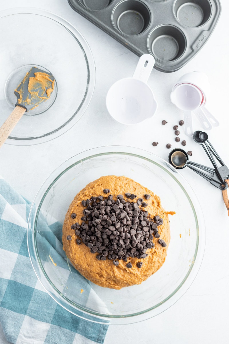 batter for pumpkin chocolate chip muffins in a bowl