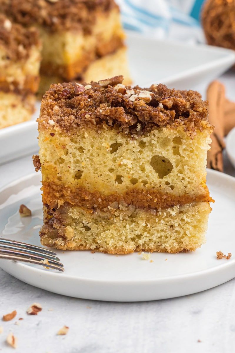 slice of pumpkin coffee cake on a plate