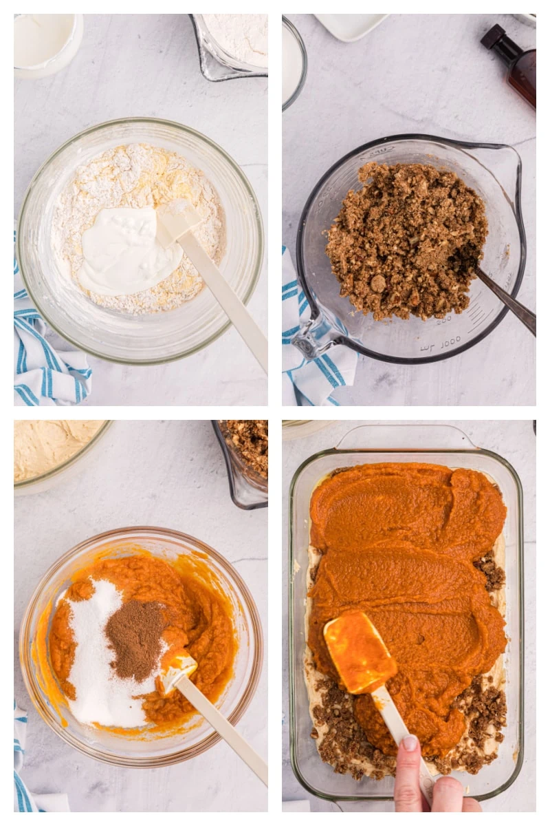 four photos showing how to make pumpkin coffee cake