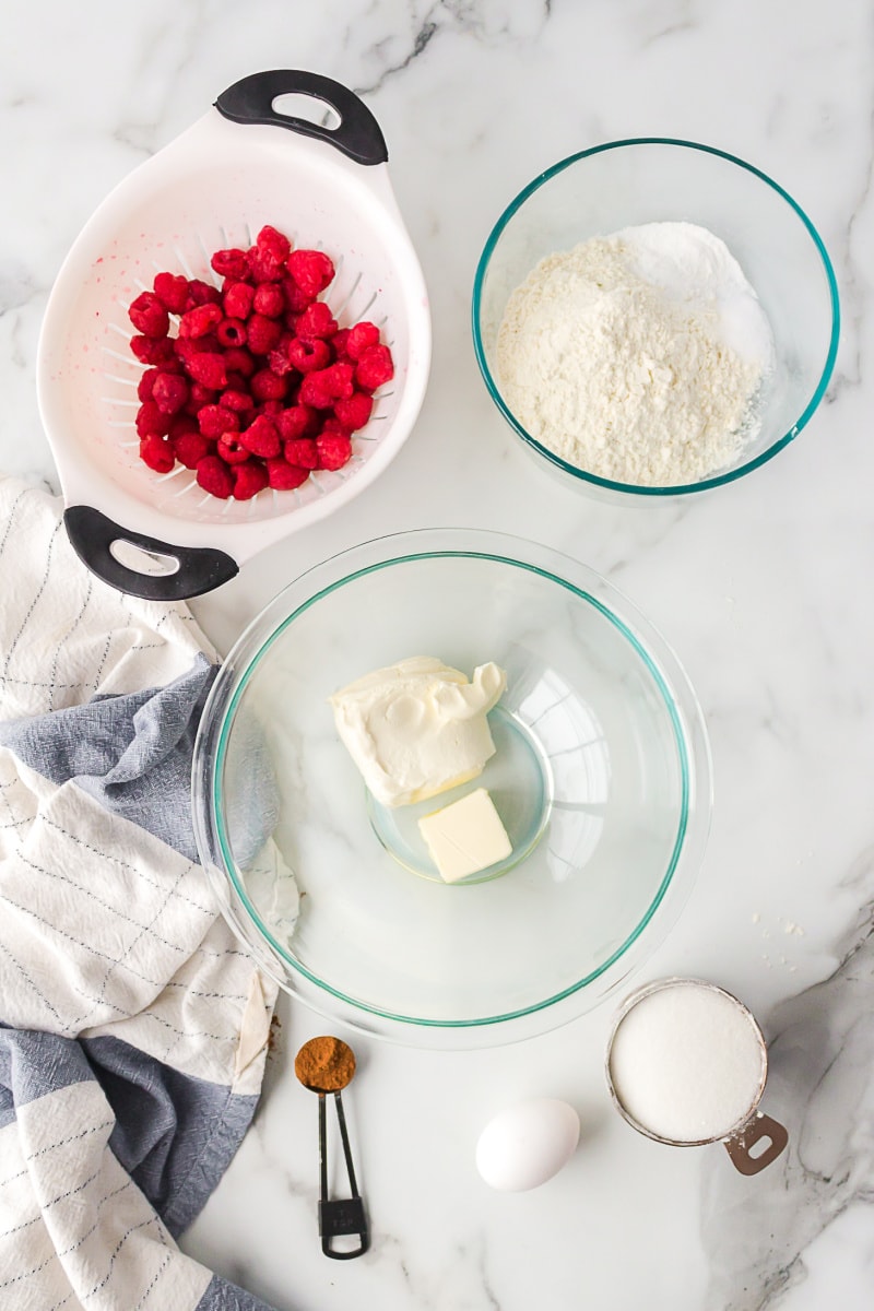 ingredients displayed for making raspberry coffee cake