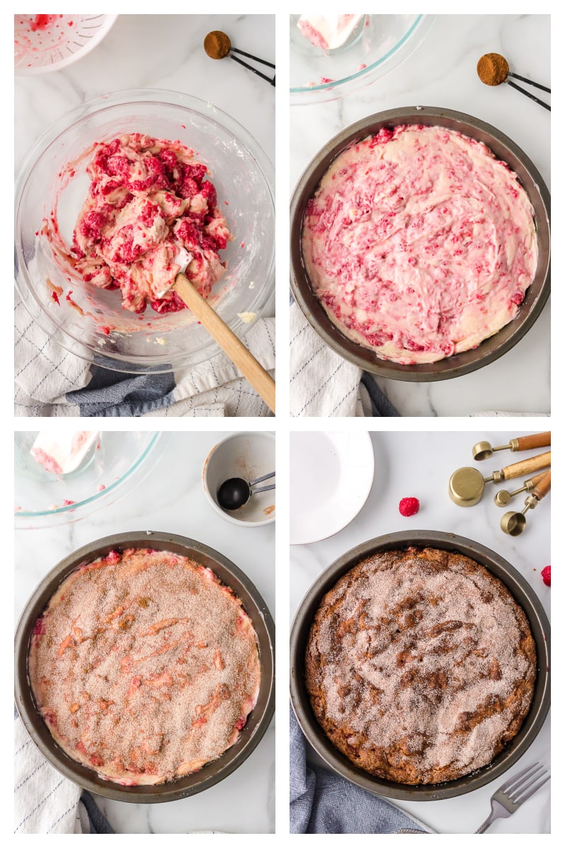 four photos showing process of making raspberry coffee cake