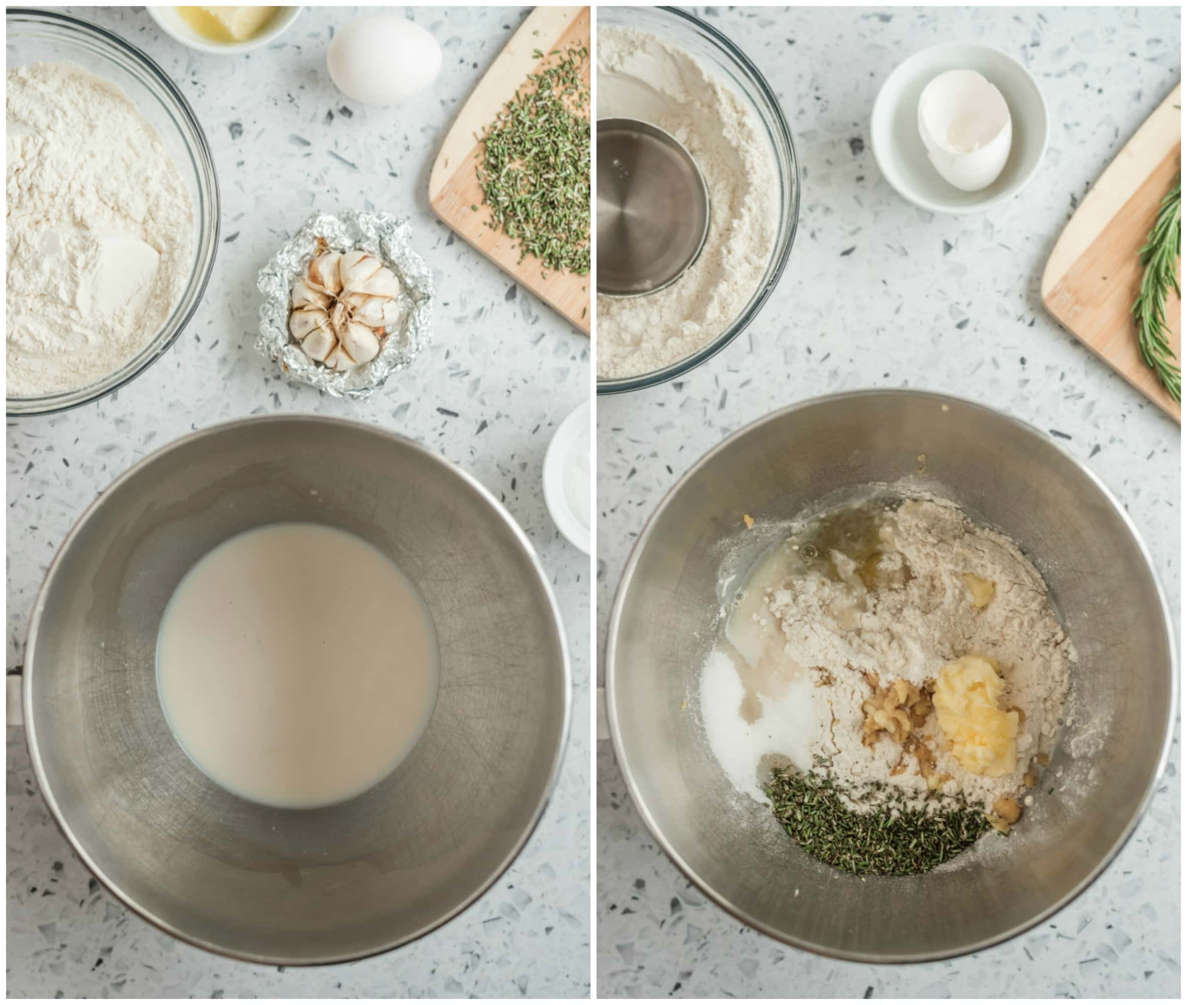 bowl showing process of making dough for cloverleaf rolls