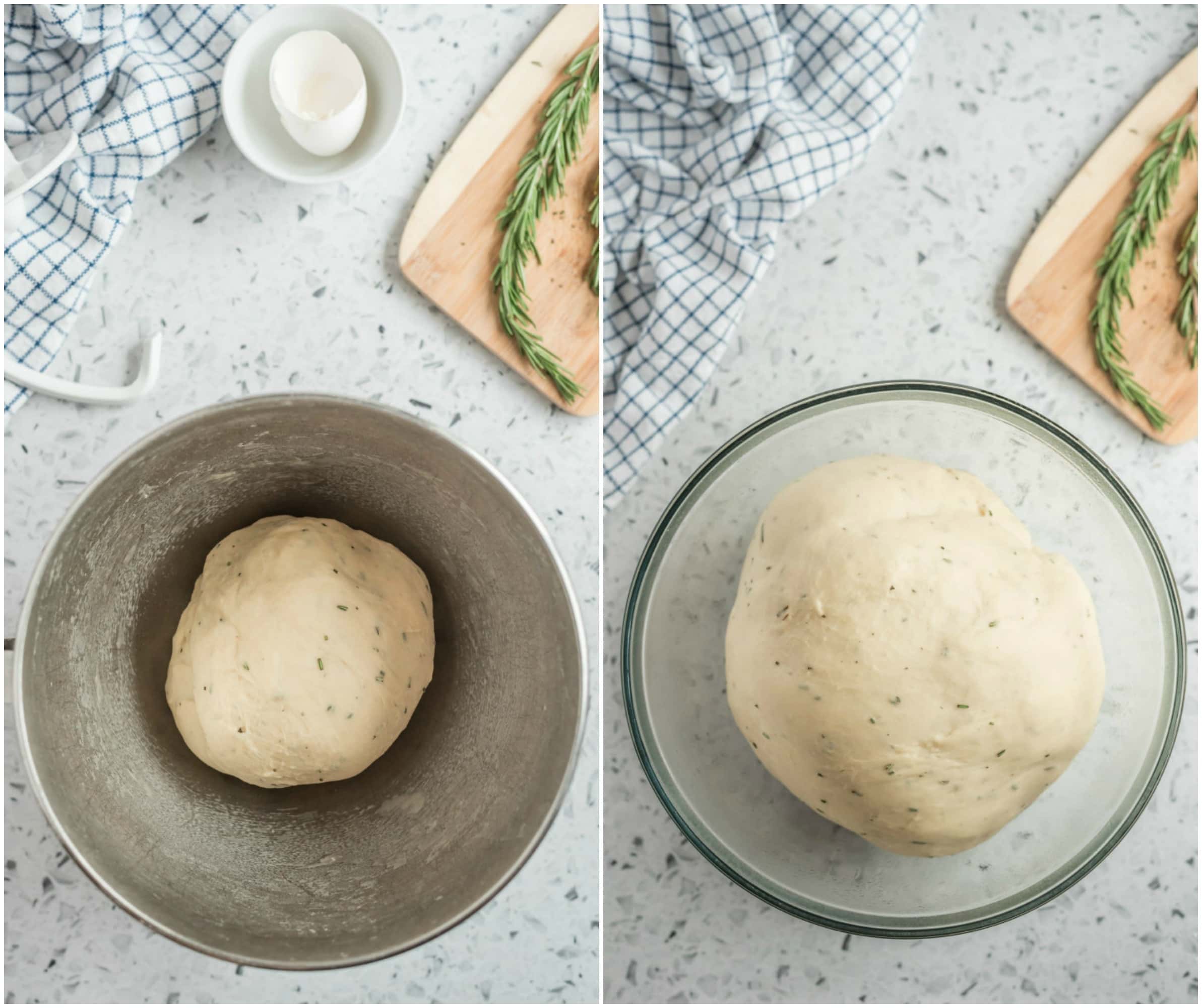 dough for making rolls in a bowl and then a bowl showing the risen dough