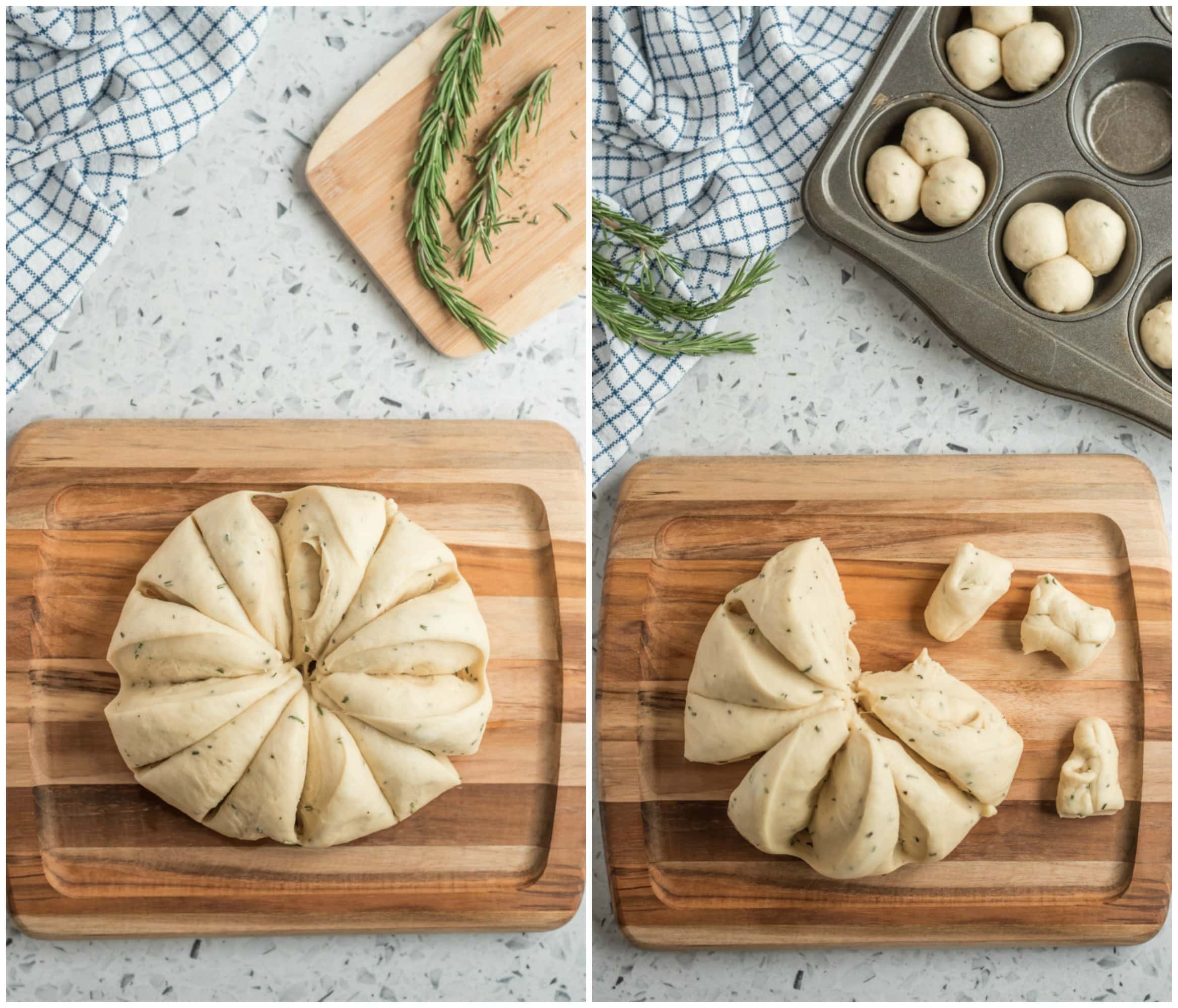 process of making cloverleaf rolls- dough cut into pieces