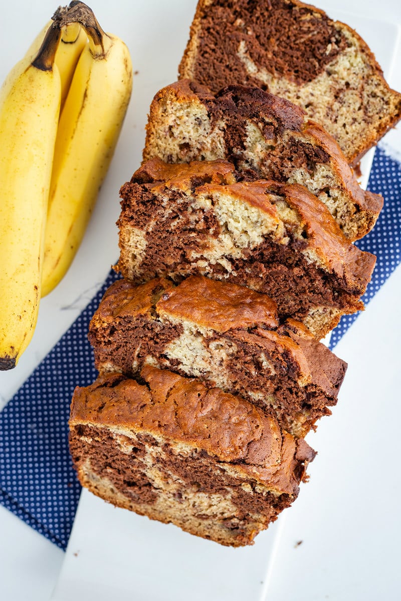 Marbled Chocolate Banana Bread recipe from RecipeGirl.com #marbled #swirled #swirl #chocolate #banana #bread #recipe #RecipeGirl Sliced Marbled Chocolate Banana Bread