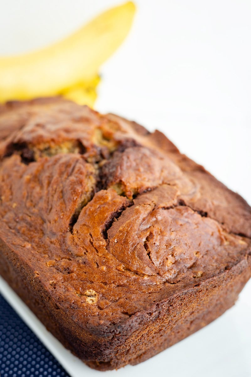 Marbled Chocolate Banana Bread recipe from RecipeGirl.com #marbled #swirled #swirl #chocolate #banana #bread #recipe #RecipeGirl Loaf of Marbled Chocolate Banana Bread