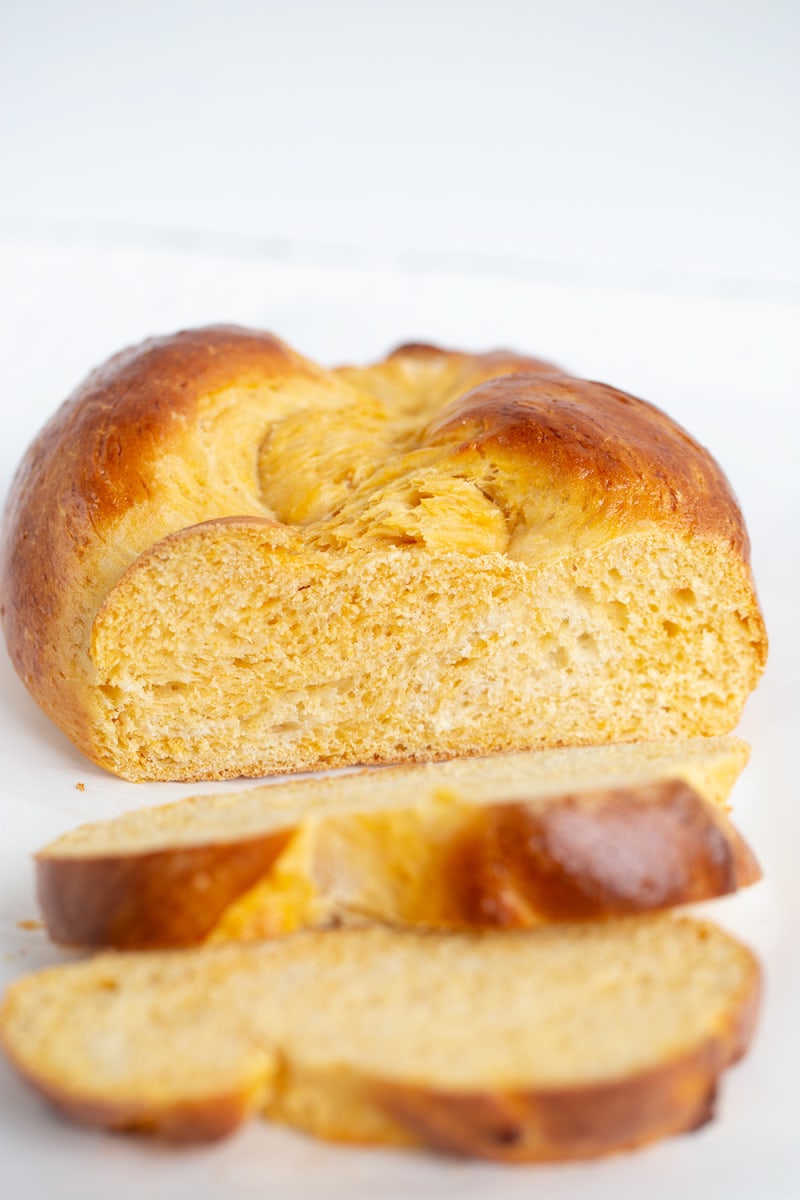 sweet potato challah sliced