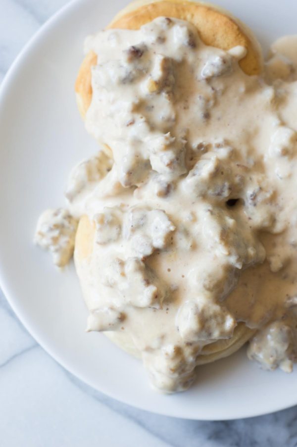 Sausage Gravy Recipe for freshly baked biscuits - from RecipeGirl.com