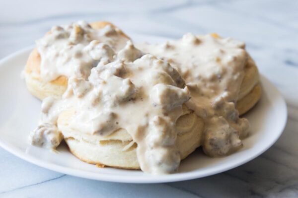 Sausage Gravy Recipe for freshly baked biscuits - from RecipeGirl.com