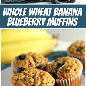 pinterest collage image for whole wheat banana blueberry muffins