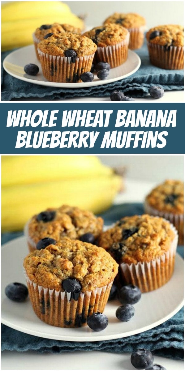 pinterest collage image for whole wheat banana blueberry muffins