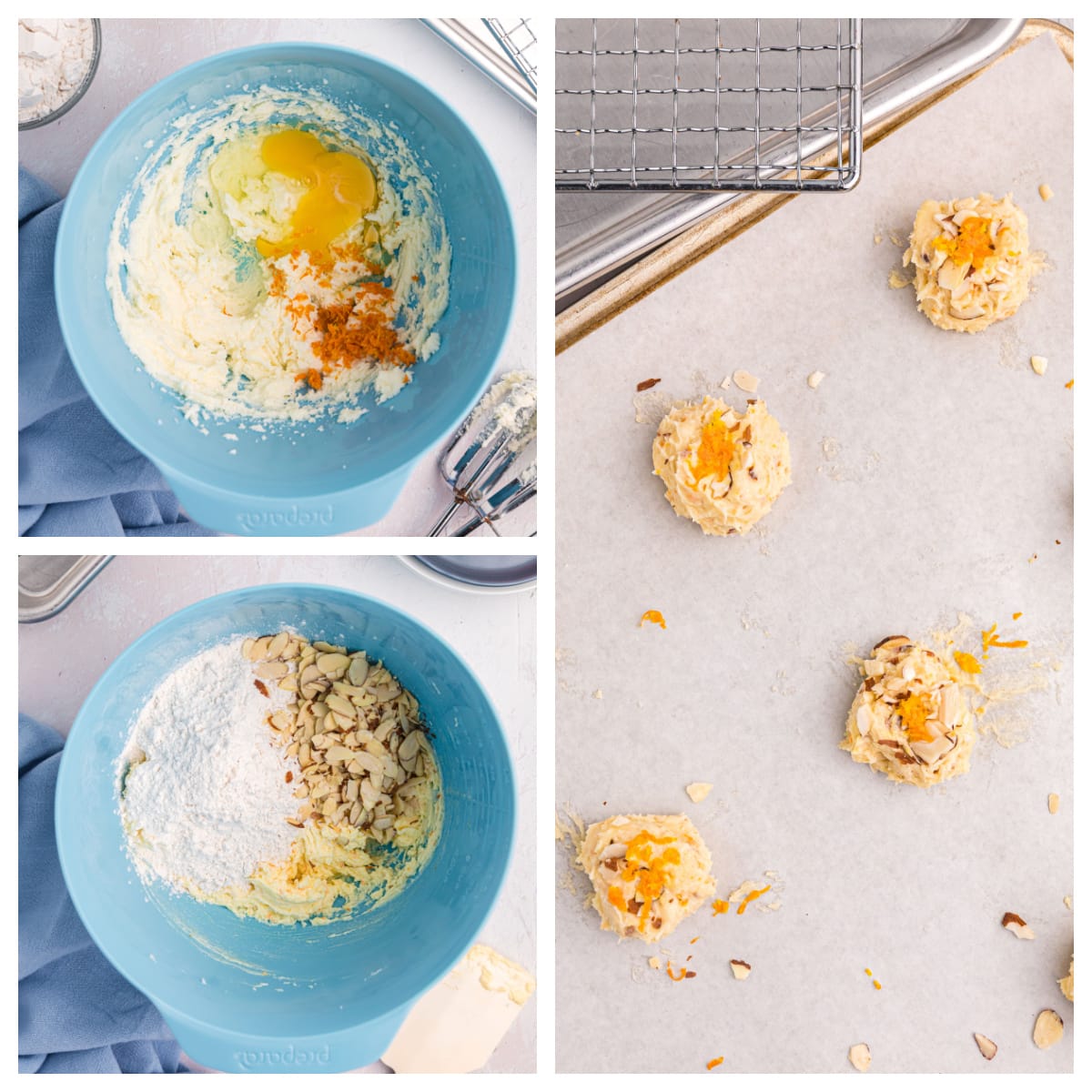 three photos sharing how to make almond orange wafers