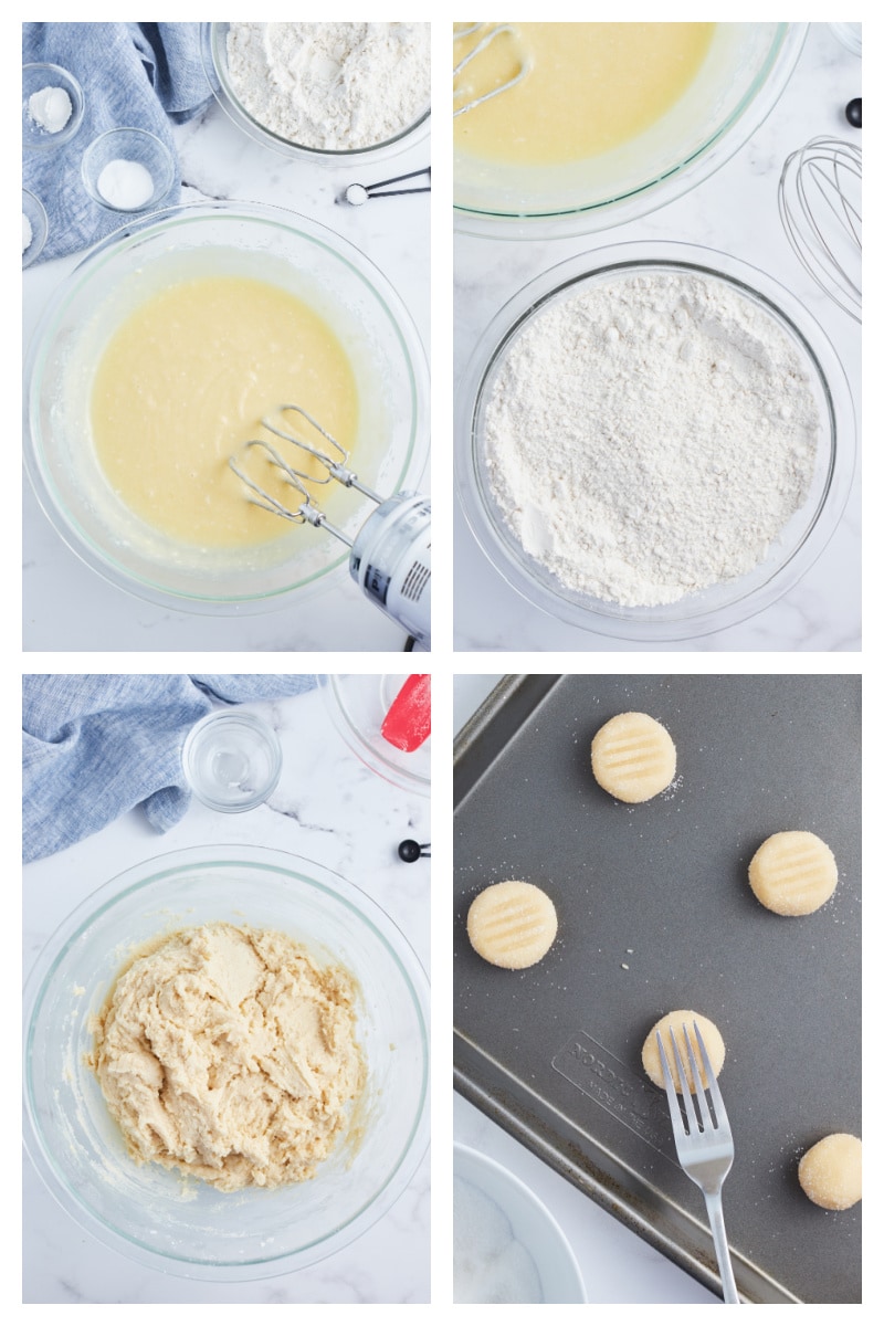 four photos showing how to make dough for amish sugar cookies and then placed on baking sheet