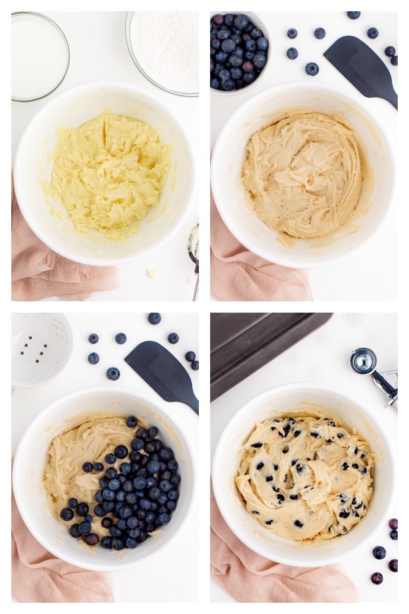 four photos showing prep of blueberry cookie dough