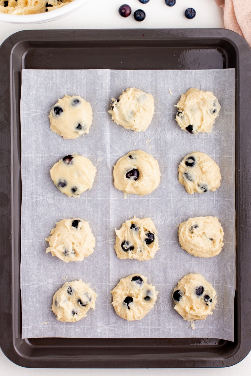 blueberry cookie dough on baking sheet ready for oven