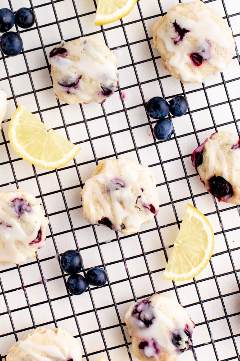 blueberry cookies on a baking rack