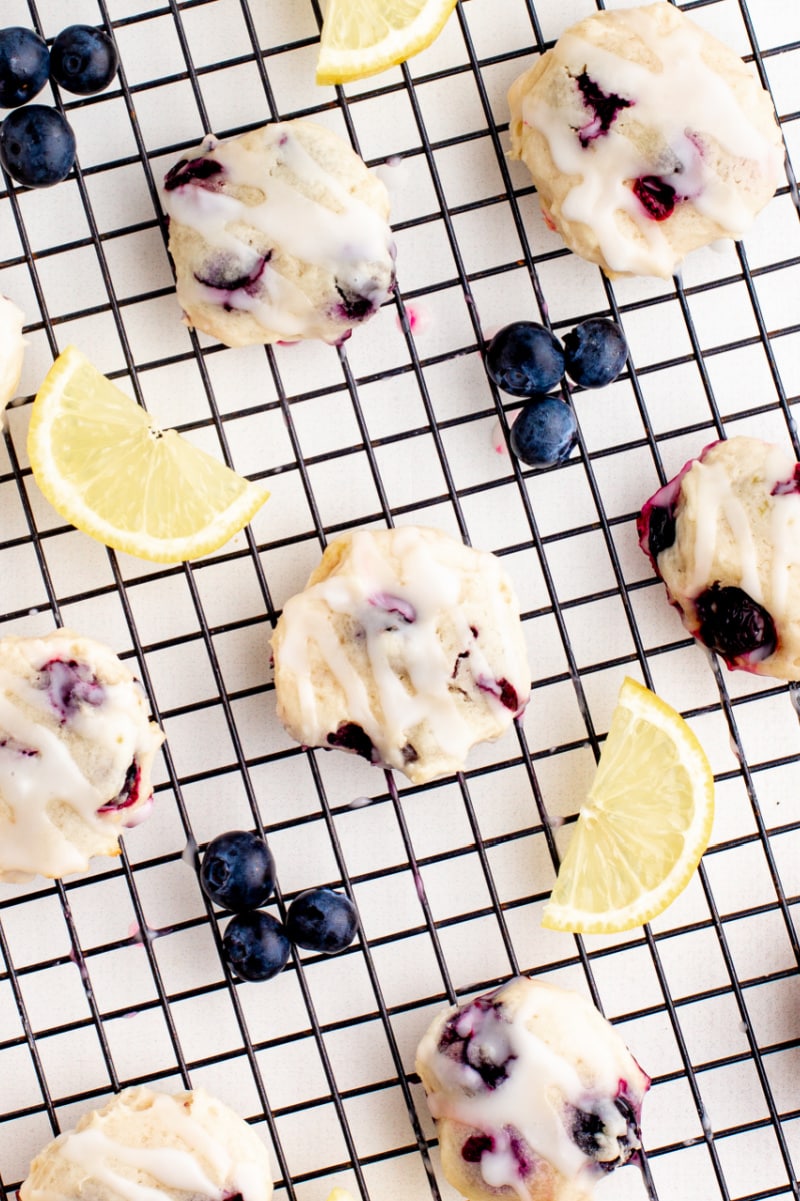 blueberry cookies on a baking rack