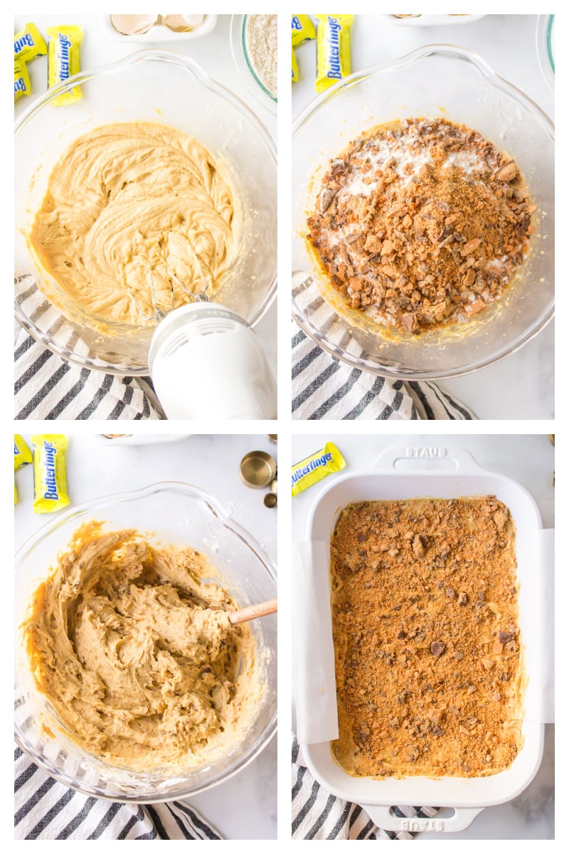 four photos showing how to make butterfinger blondies