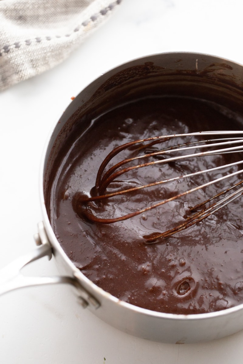brownie batter in saucepan with whisk