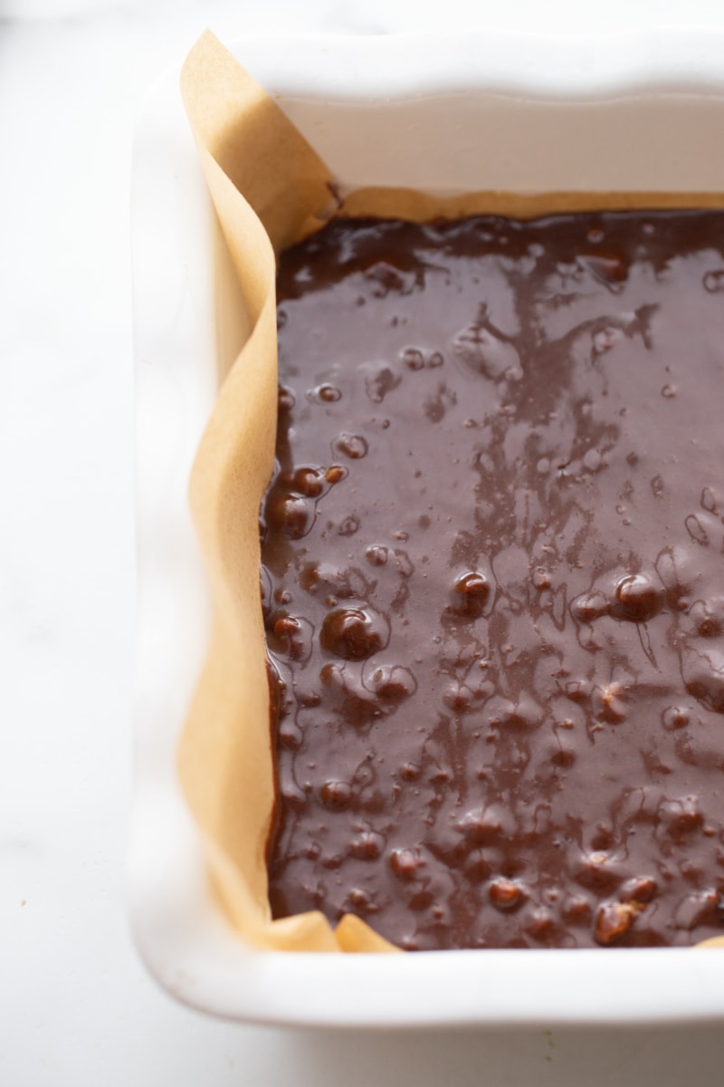 brownie batter in pan ready for oven
