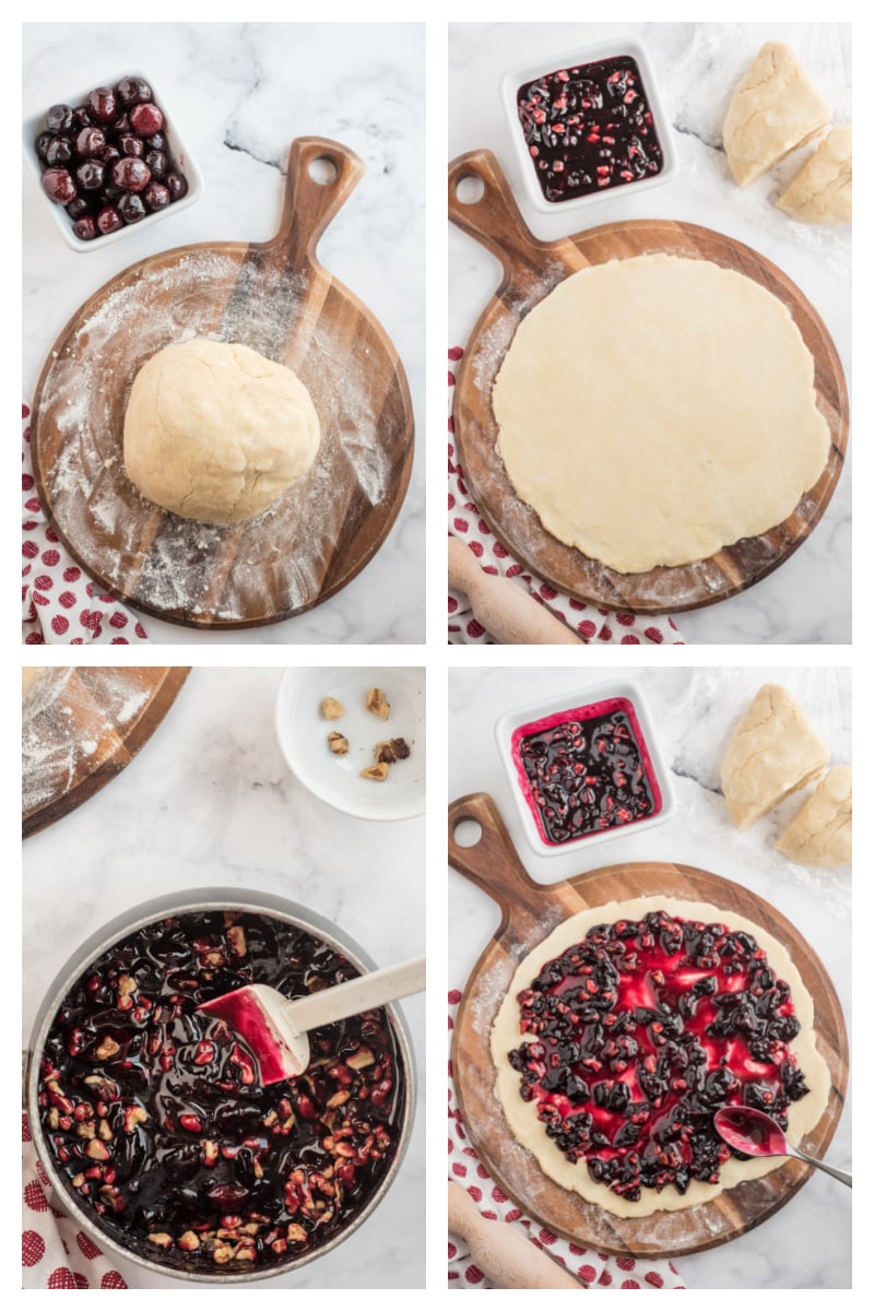 four photos showing dough then rolled out then cherry sauce then cherry spread on dough
