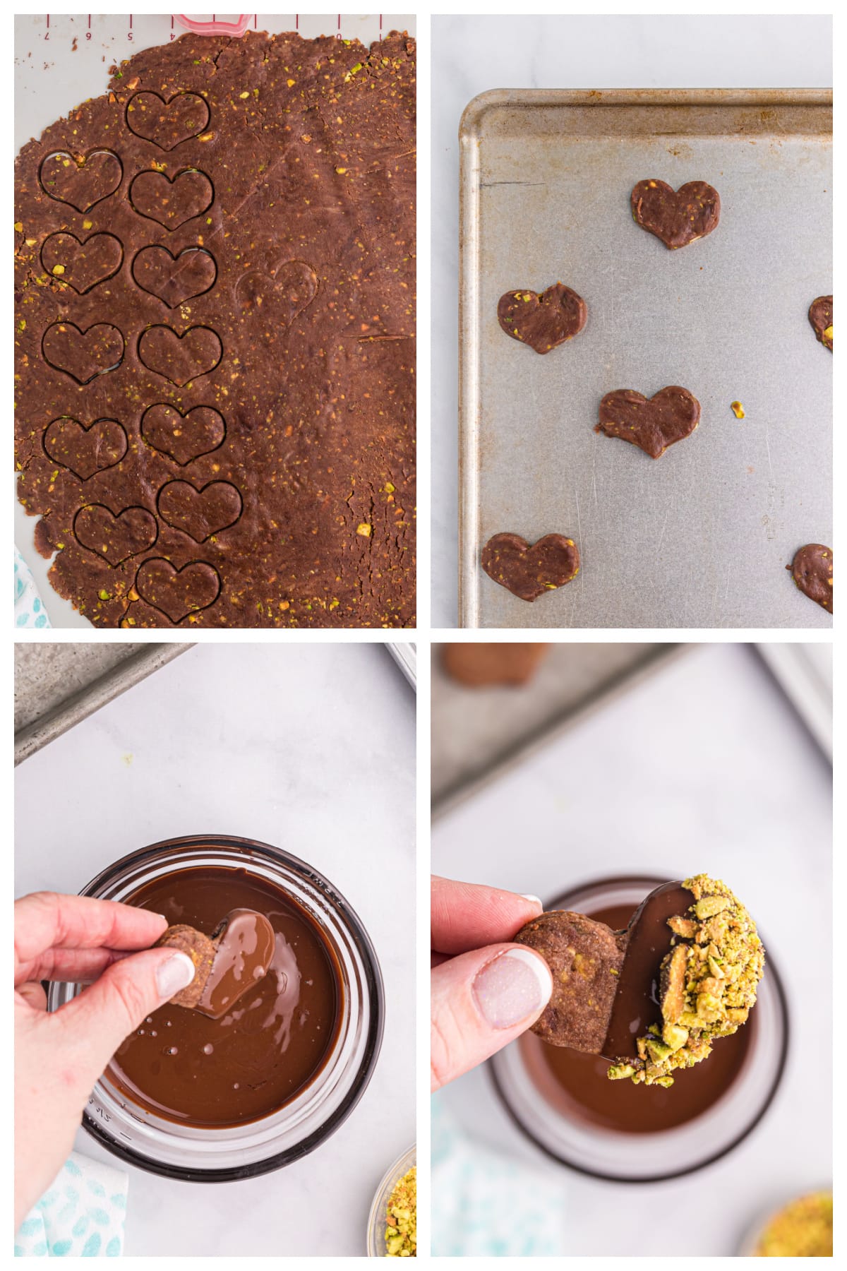 four photos showing how to make chocolate pistachio cut out cookies