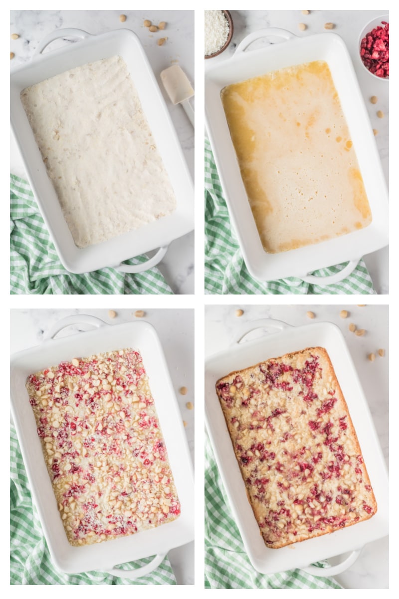 four photos showing process of assembling cranberry macadamia bars in a baking dish