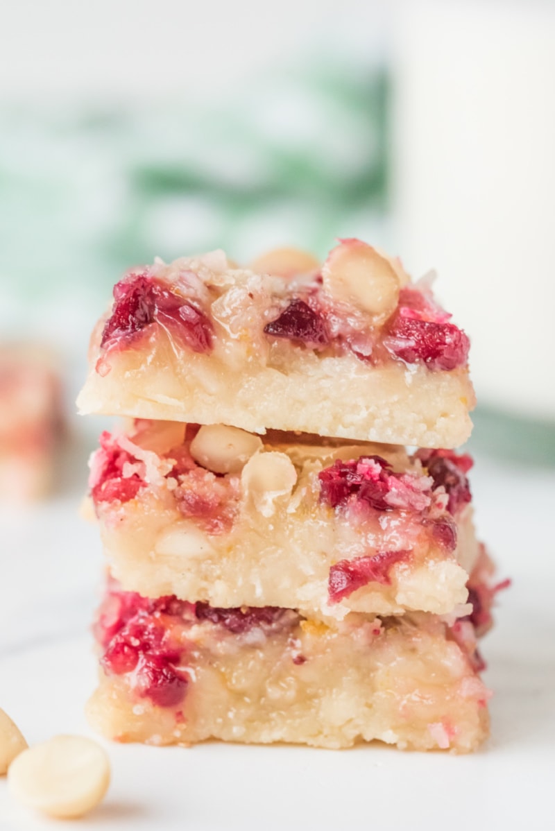 three stacked cranberry macadamia bars