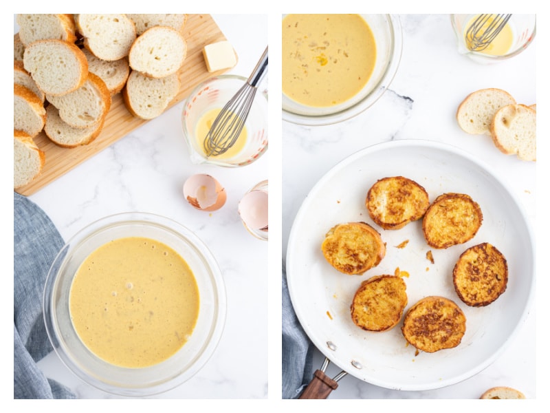 two photos showing making eggnog french toast with bowl of batter and french toast in pan